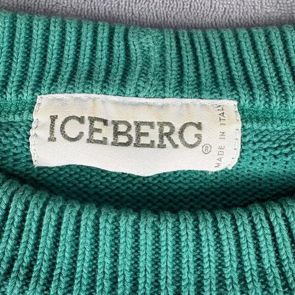 Vintage 90s Iceberg Made in Italy Beer Fishing Graphic Knit Cotton Sweater Sz XL